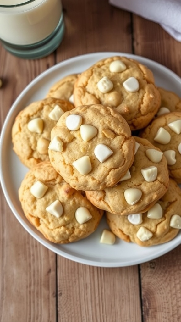 A plate of golden brown white chocolate chip cookies with melted chips, accompanied by a glass of milk.